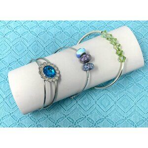 3 Silver-Tone Bangle Bracelets With Blue Purple & Green Beads